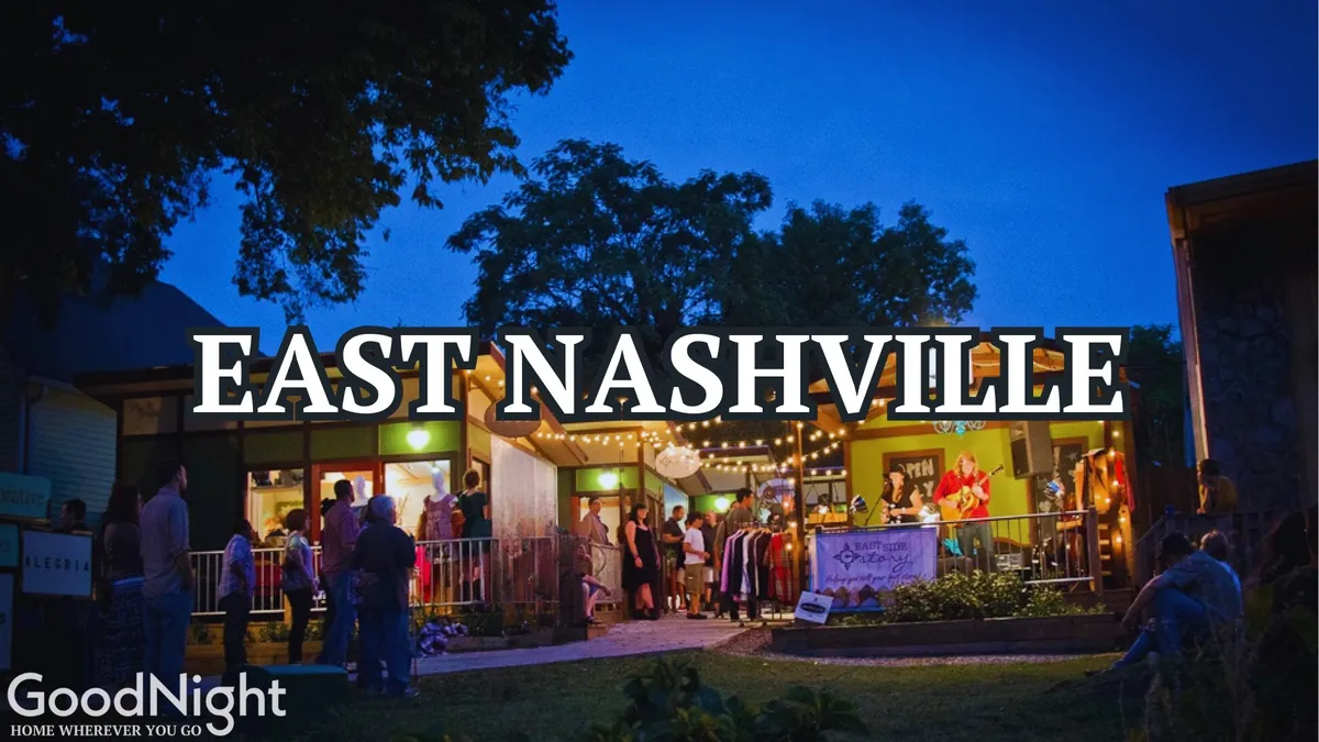 An exterior scene at night with string lights overhead, people socializing, and a display of colorful clothing. The ambiance is lively, emphasizing community, social gatherings, and the appeal of Nashville's nighttime events and shopping.